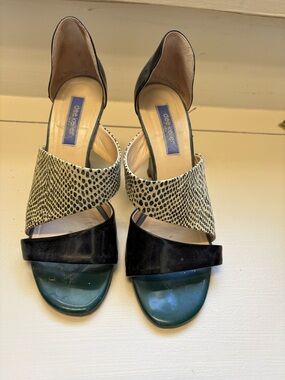 Dee Keller Mixed-Texture Heels in Black and Teal - Patent Italian Leather